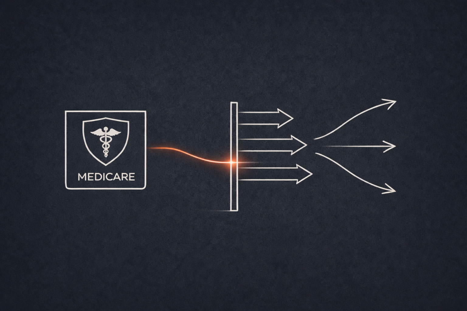Medicare shield with caduceus flowing through an IRMAA barrier into multiple plan choice arrows, representing open enrollment decisions